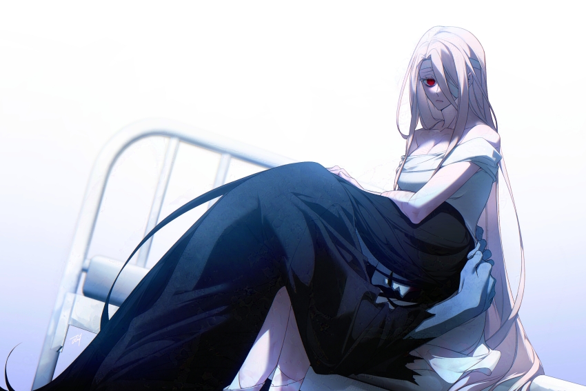 1boy 1girl bandaged_head bandages bbabbamis2 bed black_hair black_kimono commentary_request dress dutch_angle gradient_background heroine_(homicipher) hetero highres homicipher japanese_clothes kimono korean_commentary lap_pillow long_hair looking_at_viewer mr._crawling pink_hair red_eyes scar scar_on_arm sitting very_long_hair white_background white_dress