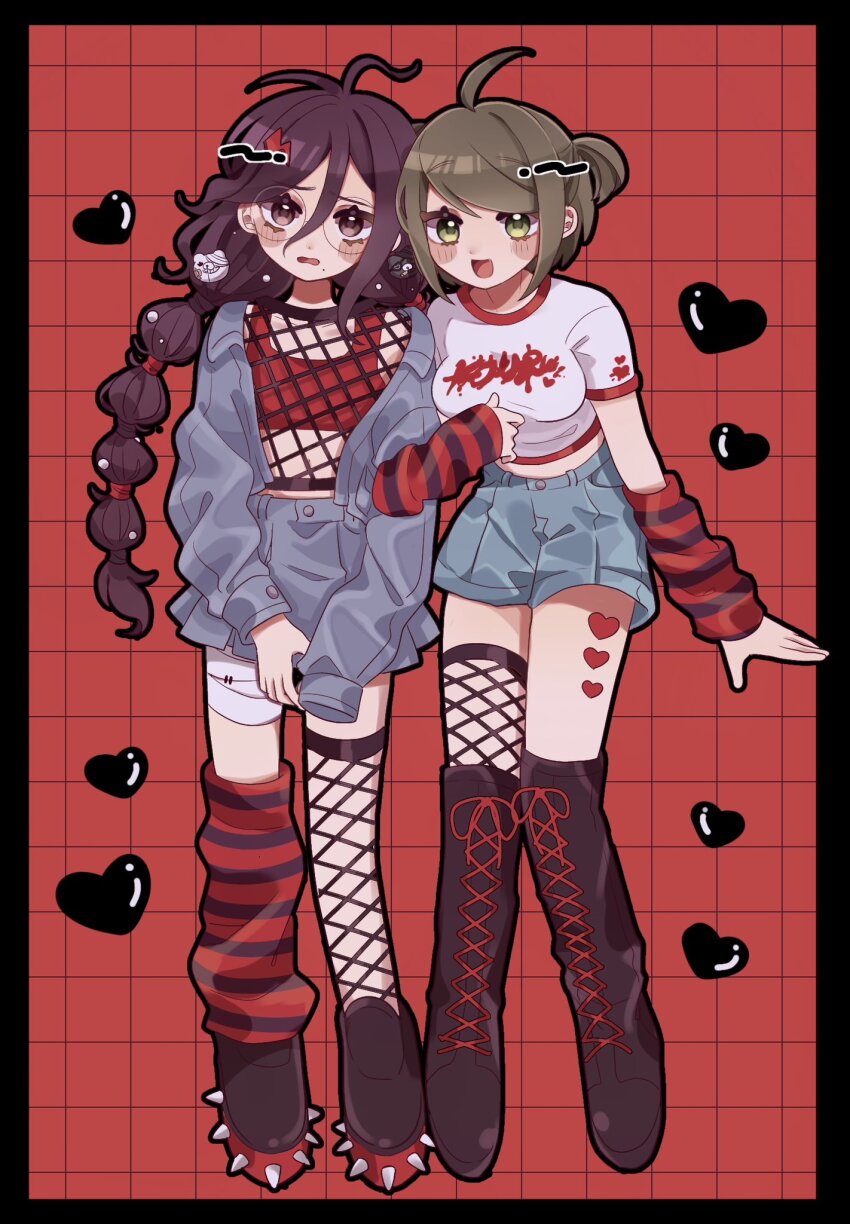 2girls :d ahoge alternate_costume alternate_hairstyle ameko53133 arm_warmers bandaged_leg bandages black_arm_warmers black_border black_footwear black_leg_warmers black_outline blue_jacket blue_shorts blue_skirt blush boots border braid brown_eyes commentary danganronpa_(series) danganronpa_another_episode:_ultra_despair_girls fishnet_thighhighs fishnet_top fishnets fukawa_toko glasses green_eyes green_hair grid_background hair_between_eyes half_updo head_tilt heart highres jacket knees_together_feet_apart kurokuma_(danganronpa) lace-up_boots leg_warmers locked_arms long_hair long_sleeves looking_at_viewer mole mole_under_mouth multiple_girls naegi_komaru open_clothes open_jacket open_mouth outline outside_border platform_footwear pleated_skirt purple_hair red_arm_warmers red_background red_leg_warmers red_tank_top round_eyewear shirokuma_(danganronpa) shirt shoes short_hair short_sleeves shorts simple_background single_off_shoulder single_thighhigh skirt smile spiked_footwear spiked_shoes spikes standing striped_arm_warmers striped_leg_warmers tank_top thighhighs twin_braids v_arms white_shirt
