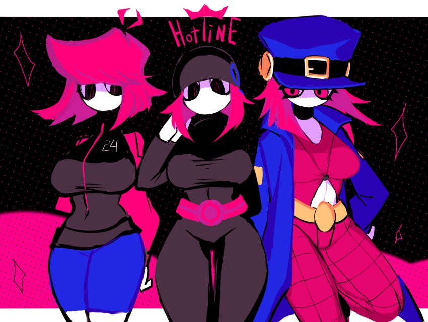 3girls beanie black_eyes breasts choker coat friday_night_funkin&#039; hat highres jacket large_breasts long_hair looking_at_viewer medium_hair multiple_girls open_clothes open_coat original pants pink_eyes pink_hair shorts skin_tight thick_thighs thighs usa37107692 wide_hips