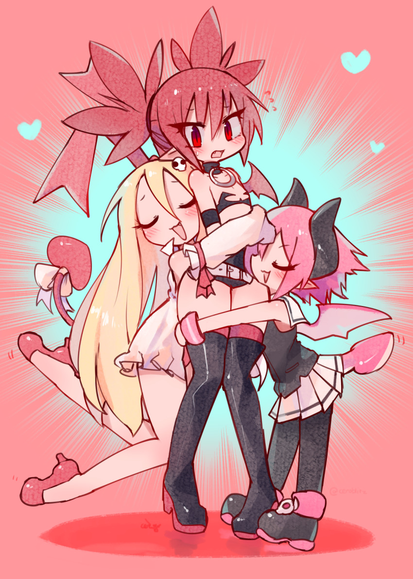 3girls :d belt black_choker black_footwear black_shirt blonde_hair blush boots bow bow_hairband ceroro choker closed_eyes commentary demon_girl demon_horns demon_tail demon_wings detached_sleeves disgaea dress earrings english_commentary etna_(disgaea) fang fangs flonne flonne_(fallen_angel) flying_sweatdrops full_body hair_between_eyes hairband heart height_difference high_heels highres horns hug hug_from_behind hugging_another&#039;s_leg jewelry long_hair looking_at_viewer multiple_girls o-ring o-ring_choker open_mouth pear-shaped_figure pink_background pink_hair pleated_skirt pointy_ears raspberyl red_eyes red_footwear red_hair red_hairband shirt short_hair skirt skull_earrings sleeveless sleeveless_shirt smile tail tail_bow tail_ornament thigh_boots twintails white_belt white_bow white_dress white_skirt wings