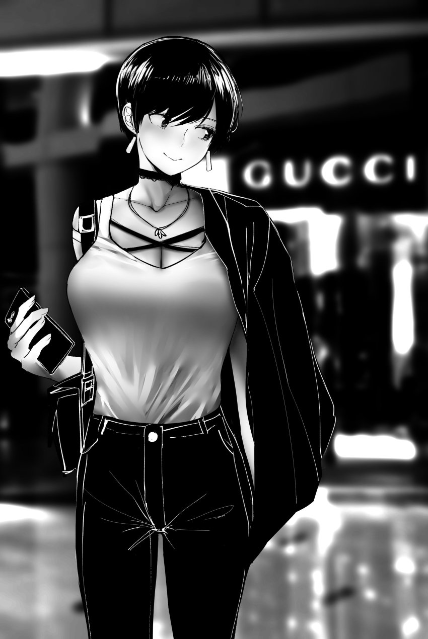 1girl absurdres bag bare_shoulders blurry blurry_background blush breasts cellphone choker cleavage commentary earrings english_commentary female_focus greyscale gucci handbag head_tilt highres jewelry looking_away looking_down looking_to_the_side mall medium_breasts monochrome necklace norman_maggot nose_blush olive_laurentia original pants phone pixie_cut shirt shirt_tucked_in shopping short_hair smartphone solo standing