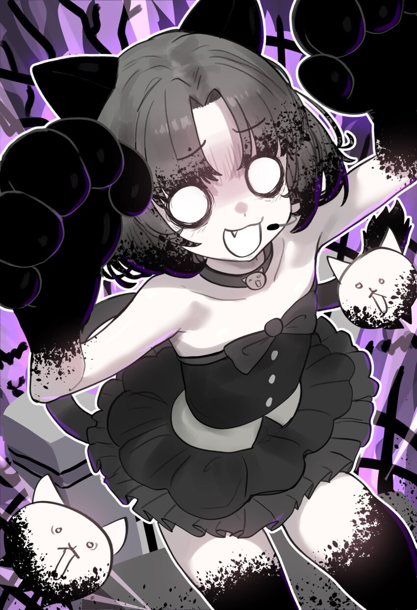 1girl animal_ears animal_hands bare_shoulders black_hair black_shirt black_skirt cat_(nyanko_daisensou) cat_ears cat_girl cat_tail collar collarbone crazed_moneko_(nyanko_daisensou) ebora fang flat_chest gloom_(expression) gloves grey_hair hands_up headset highres looking_at_viewer looking_up microphone nyanko_daisensou o_o open_mouth parted_bangs paw_gloves shirt short_hair skirt solo strapless strapless_shirt tail