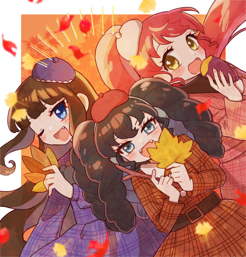 3girls :d ;d autumn_leaves beret black_hair blue_eyes blush border branch brown_dress brown_hair coat collared_dress commentary_request cowboy_shot dress dutch_angle fang food gaaruru_(pripara) hand_up hands_up hat headphones highres holding holding_branch holding_food holding_leaf jinno_(jin_c_kkry) kurosu_aroma leaf long_hair long_sleeves looking_at_viewer multiple_girls one_eye_closed open_mouth orange_background pink_coat plaid_clothes plaid_dress ponytail pretty_series pripara purple_dress red_hair roasted_sweet_potato shiratama_mikan sidelocks smile standing sweet_potato twintails very_long_hair white_border yellow_eyes