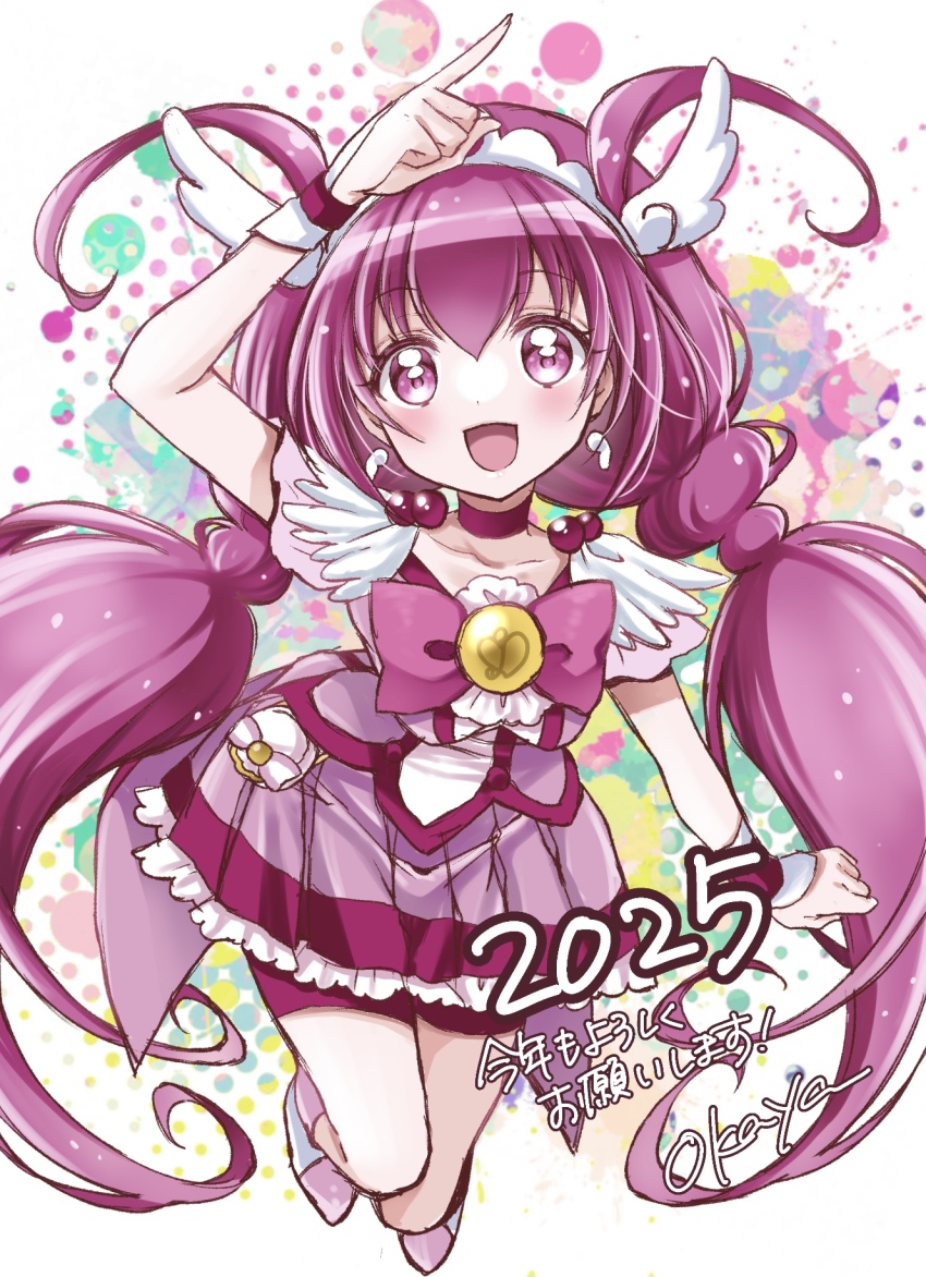 1girl 2025 :d antenna_hair bow butterfly_brooch choker cure_happy highres hoshizora_miyuki long_hair magical_girl okayashi open_mouth pink_arm_warmers pink_bow pink_choker pink_eyes pink_hair pink_shorts pink_skirt pink_theme pink_wrist_cuffs precure shorts shorts_under_skirt signature skirt smile smile_precure! solo tiara twintails wrist_cuffs
