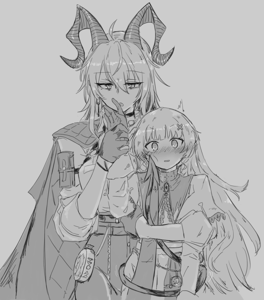 2girls aoi_(aoisaka) belt_pouch blush cape commentary earrings english_commentary gloves greyscale highres horns jewelry long_hair looking_at_viewer monochrome multiple_girls pants phoebe_(wuthering_waves) pouch sleeves_rolled_up tail_around_waist tongue tongue_out wuthering_waves yuri zani_(wuthering_waves)