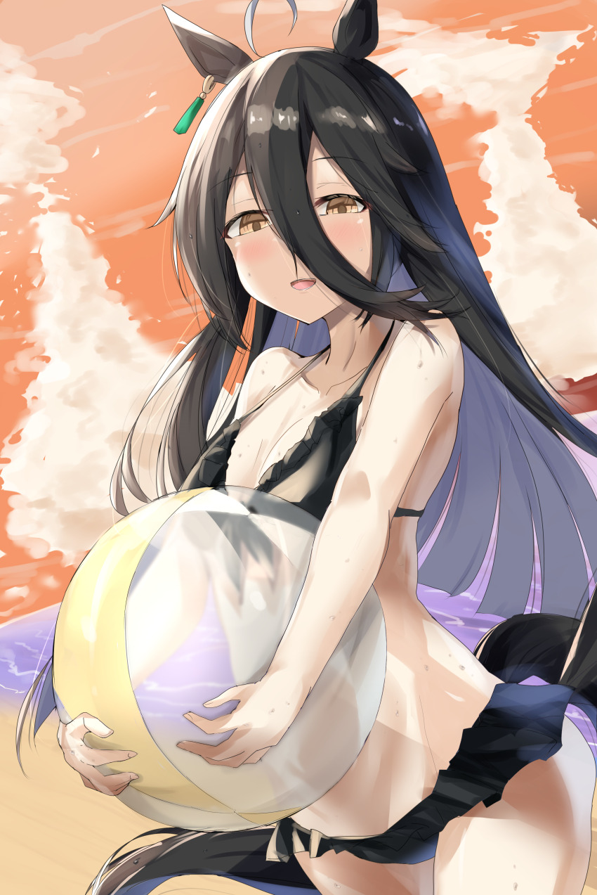 1girl absurdres ahoge animal_ears ball beachball bikini black_bikini black_hair breasts earrings evening hair_between_eyes highres holding holding_ball holding_beachball horse_ears horse_girl horse_tail jewelry long_hair looking_at_viewer manhattan_cafe_(the_bubbles_that_i_see_with_you)_(umamusume) manhattan_cafe_(umamusume) multicolored_hair nagisa_(imizogami) single_earring small_breasts solo swimsuit tail umamusume wet white_hair yellow_eyes