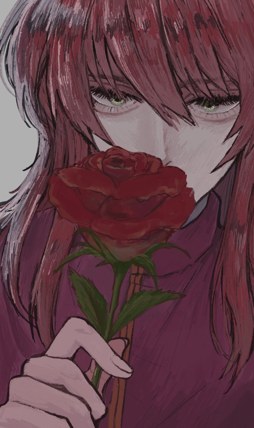 1boy arm_up bishounen collared_shirt commentary_request edamame_117 eyelashes flower green_eyes grey_background hair_between_eyes hair_intakes highres holding holding_flower kurama_(yu_yu_hakusho) long_hair looking_at_flowers looking_down male_focus red_flower red_hair red_rose red_shirt rose shirt simple_background solo upper_body yuu_yuu_hakusho