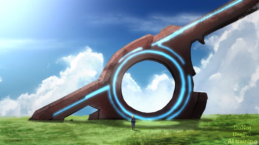 1boy blue_sky cloud commentary field full_body grass highres huge_weapon landscape male_focus monado outdoors planted planted_sword planted_weapon scenery shulk_(xenoblade) sky solo sword toosut0 watermark weapon xenoblade_chronicles_(series) xenoblade_chronicles_1
