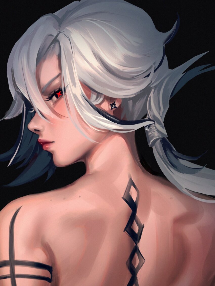 1girl arlecchino_(genshin_impact) bare_back bare_shoulders bellsadonnaaaa black_background black_eyes black_hair black_streaks close-up commentary cross-shaped_pupils earrings english_commentary from_behind genshin_impact grey_hair highres jewelry long_hair looking_at_viewer looking_back multicolored_hair parted_lips ponytail portrait red_pupils simple_background solo streaked_hair symbol-shaped_pupils turning_head