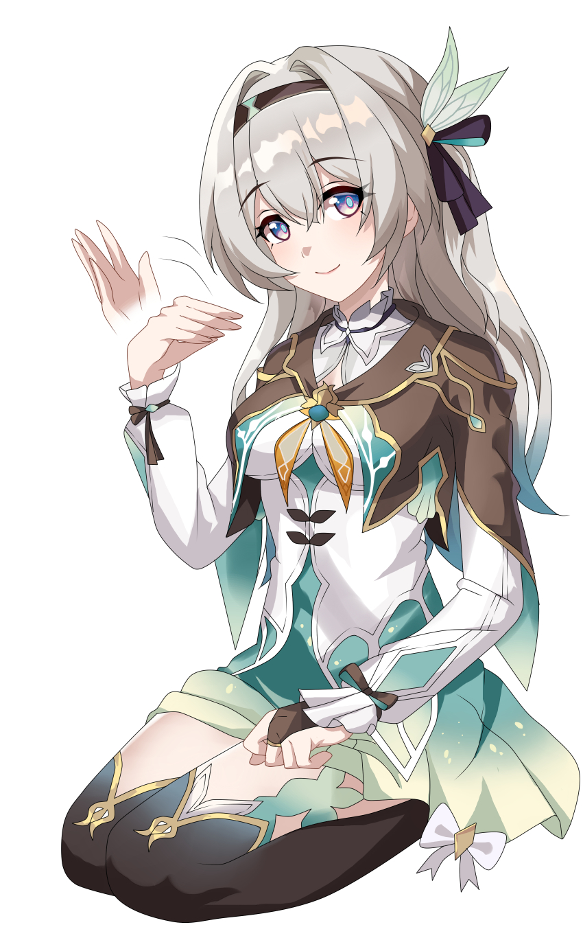 1girl absurdres black_hairband black_jacket black_thighhighs blush breasts closed_mouth dress firefly_(honkai:_star_rail) green_dress grey_hair hair_between_eyes hair_intakes hair_ornament hairband highres honkai:_star_rail honkai_(series) jacket large_breasts long_hair long_sleeves looking_at_viewer maxwelzy neckerchief orange_neckerchief pink_eyes seiza simple_background sitting smile solo thighhighs white_background
