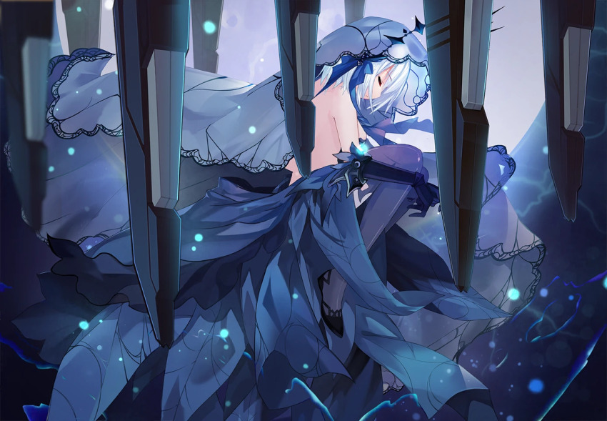 1girl black_dress black_thighhighs bridal_veil closed_eyes date_a_live date_a_live:_spirit_pledge dress elbow_gloves floating game_cg gloves official_art reverse_spirit short_hair solo thighhighs third-party_source tobiichi_origami tobiichi_origami_(inverse) veil white_hair