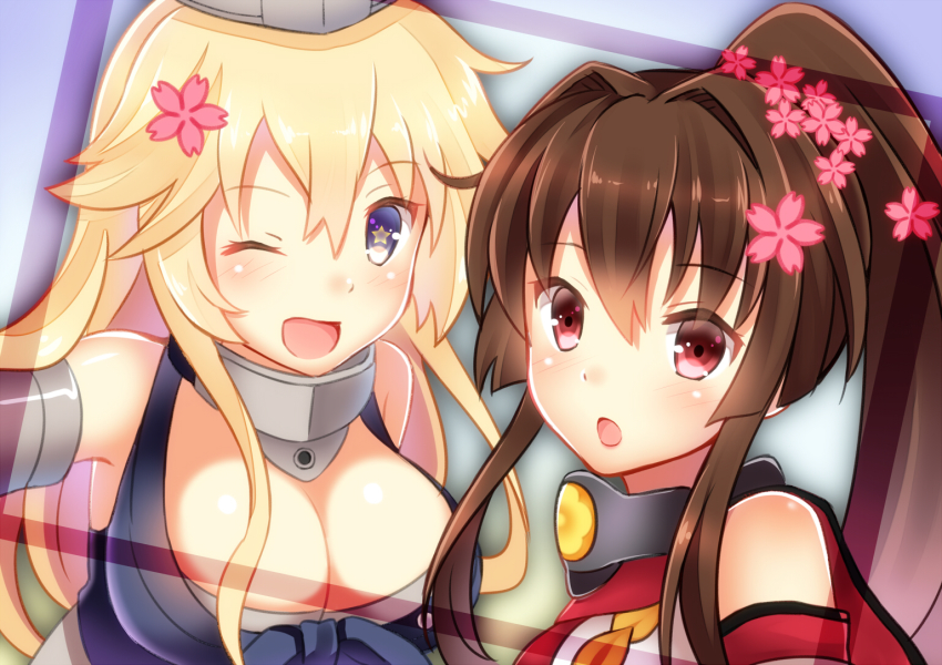 10s 2girls :o ;d bare_shoulders blonde_hair blue_eyes blush breasts brown_hair cleavage flower hair_flower hair_ornament iowa_(kancolle) kantai_collection large_breasts long_hair looking_at_viewer multiple_girls one_eye_closed open_mouth ponytail red_eyes smile star-shaped_pupils star_(symbol) suzu suzumia_(daydream) symbol-shaped_pupils upper_body yamato_(kancolle)