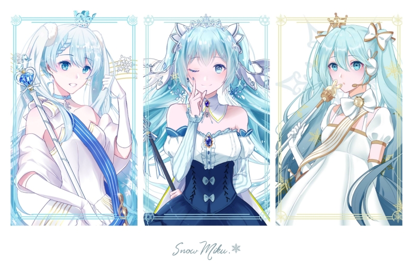 3girls :d blue_eyes blue_hair boots borrowed_design choker collarbone crown detached_sleeves dress elbow_gloves finger_to_own_chin floating_hair gloves gold_trim gradient_hair hair_between_eyes hand_up hatsune_miku head_tilt holding holding_staff holding_wand index_finger_raised long_hair looking_at_viewer low-tied_long_hair mini_crown multicolored_hair multiple_girls musical_note one_eye_closed open_mouth osage_(osage8545675) puffy_detached_sleeves puffy_sleeves ribbon sash shoulder_sash smile snowflake_print snowflakes staff strapless strapless_dress striped_ribbon twintails upper_body very_long_hair vocaloid wand white_boots white_dress white_gloves white_sleeves yuki_miku yuki_miku_(2019) yuki_miku_(2019)_(candidate_no.4) yuki_miku_(2019)_(candidate_no.6)