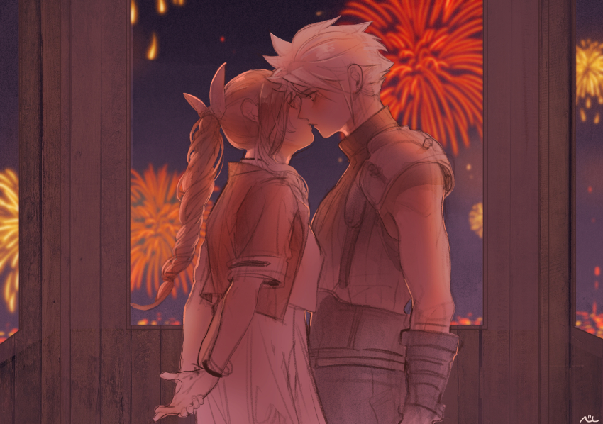 1boy 1girl aerith_gainsborough armor arms_behind_back bangle belt blonde_hair blush bracelet braid braided_ponytail brown_hair cloud_strife cowboy_shot cropped_jacket dress final_fantasy final_fantasy_vii final_fantasy_vii_remake fireworks gloves gold_saucer gondola hair_ribbon hetero highres jacket jewelry kiss long_hair multiple_belts nul parted_bangs pink_dress pink_ribbon red_jacket ribbon short_hair short_sleeves shoulder_armor sidelocks sleeveless sleeveless_turtleneck spiked_hair square_enix suspenders turtleneck