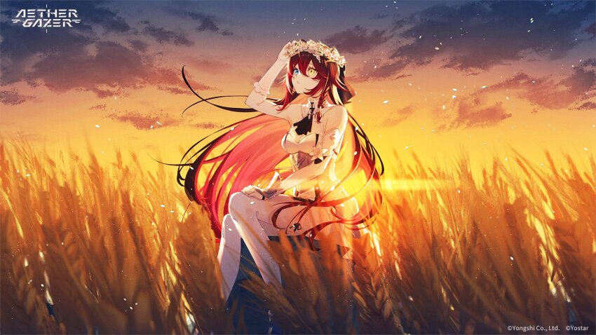 1girl aether_gazer ascot black_ascot blue_eyes breasts brown_hair cloud colored_inner_hair commentary copyright_name copyright_notice dusk elbow_gloves english_commentary gloves hair_between_eyes head_wreath highres long_hair multicolored_hair official_art pink_hair second-party_source sky solo verthandi_(aether_gazer) wheat_field white_gloves yellow_eyes yuzuha_wasa