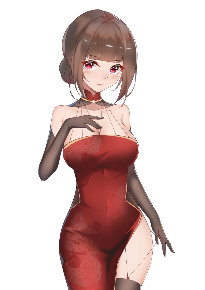 1girl absurdres black_gloves black_thighhighs breasts brown_hair china_dress chinese_clothes covered_navel cowboy_shot dress elbow_gloves gloves hair_bun highres ironmarch medium_breasts red_dress red_eyes simple_background single_hair_bun solo standing thighhighs warship_girls_r white_background yat_sen_(warship_girls_r)
