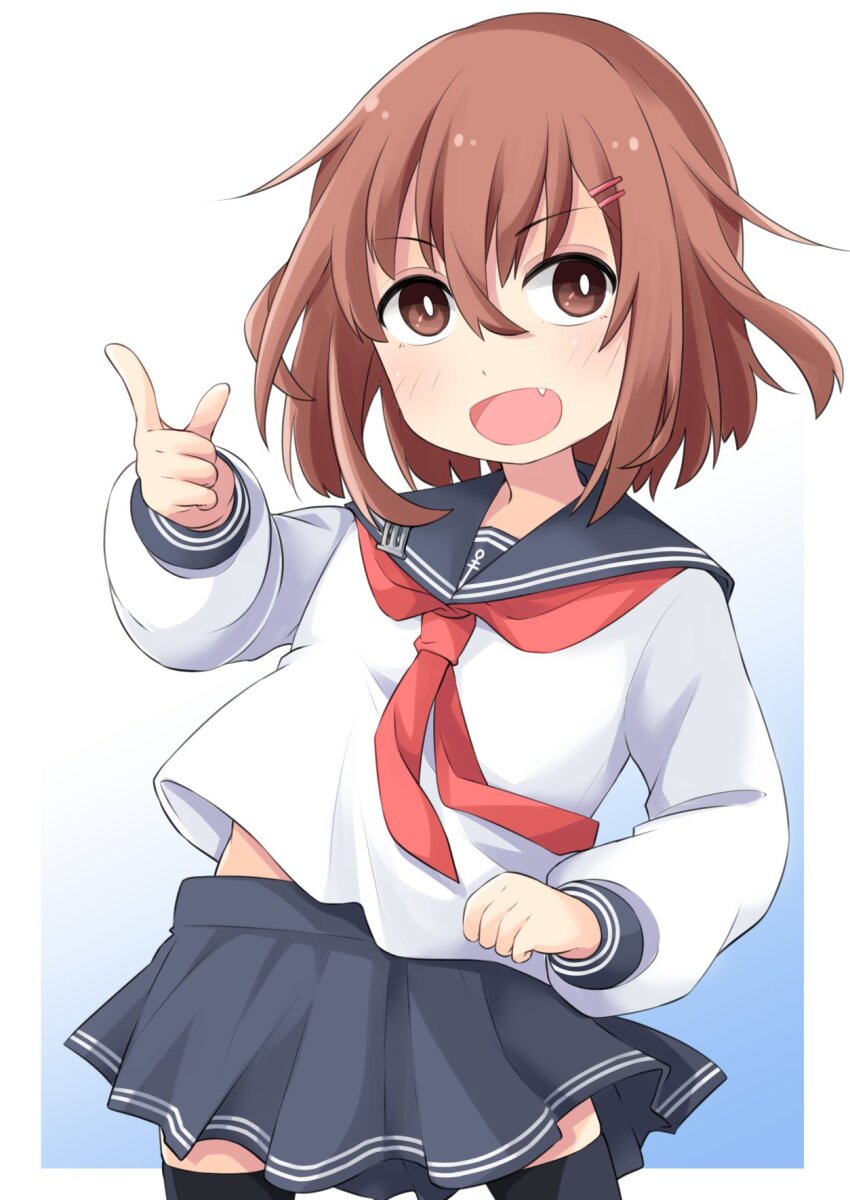 1girl black_sailor_collar black_skirt black_thighhighs brown_eyes brown_hair cowboy_shot fang highres ikazuchi_(kancolle) kantai_collection leaning_to_the_side long_sleeves looking_at_viewer neckerchief okitarou_(okiyo) open_mouth pleated_skirt red_neckerchief sailor_collar school_uniform serafuku shirt short_hair skirt solo standing thighhighs white_shirt