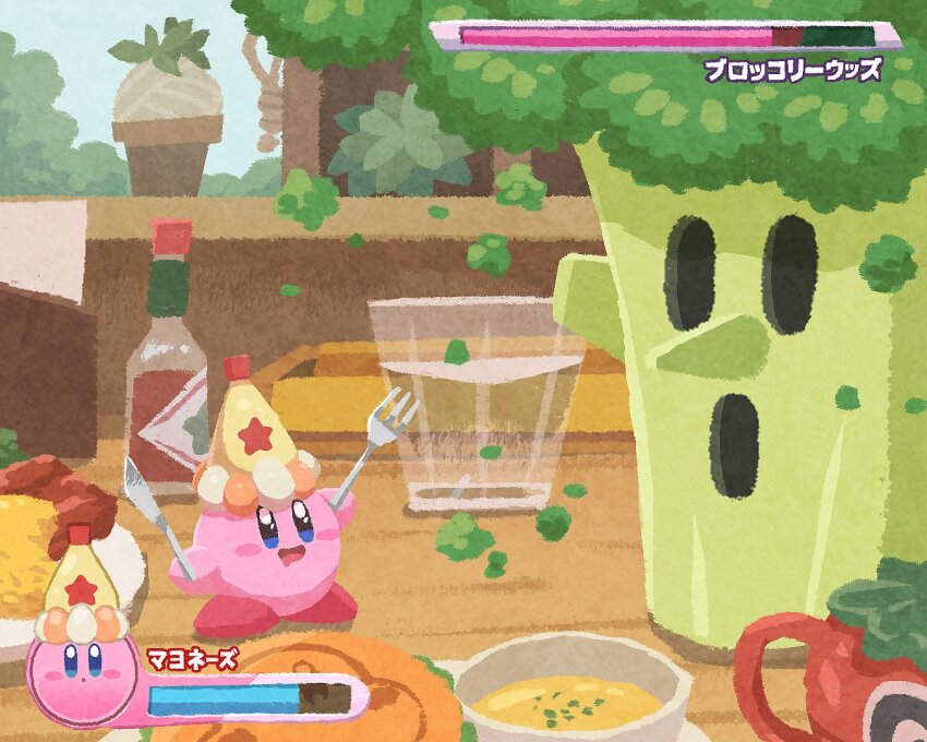 blue_eyes blue_sky boss_fight broccoli burger character-themed_food commentary copy_ability cup drinking_glass drooling food foodification fork hat heads-up_display health_bar holding holding_cup holding_fork holding_knife hot_sauce kirby kirby&#039;s_return_to_dream_land kirby_(series) kirby_cafe knife looking_at_another maxim_tomato mayonnaise miclot mini_person mouth_drool nintendo no_humans omelet omurice outdoors party_hat print_hat sky soup standing star_(symbol) star_print tabasco translated user_interface waddle_dee water whispy_woods