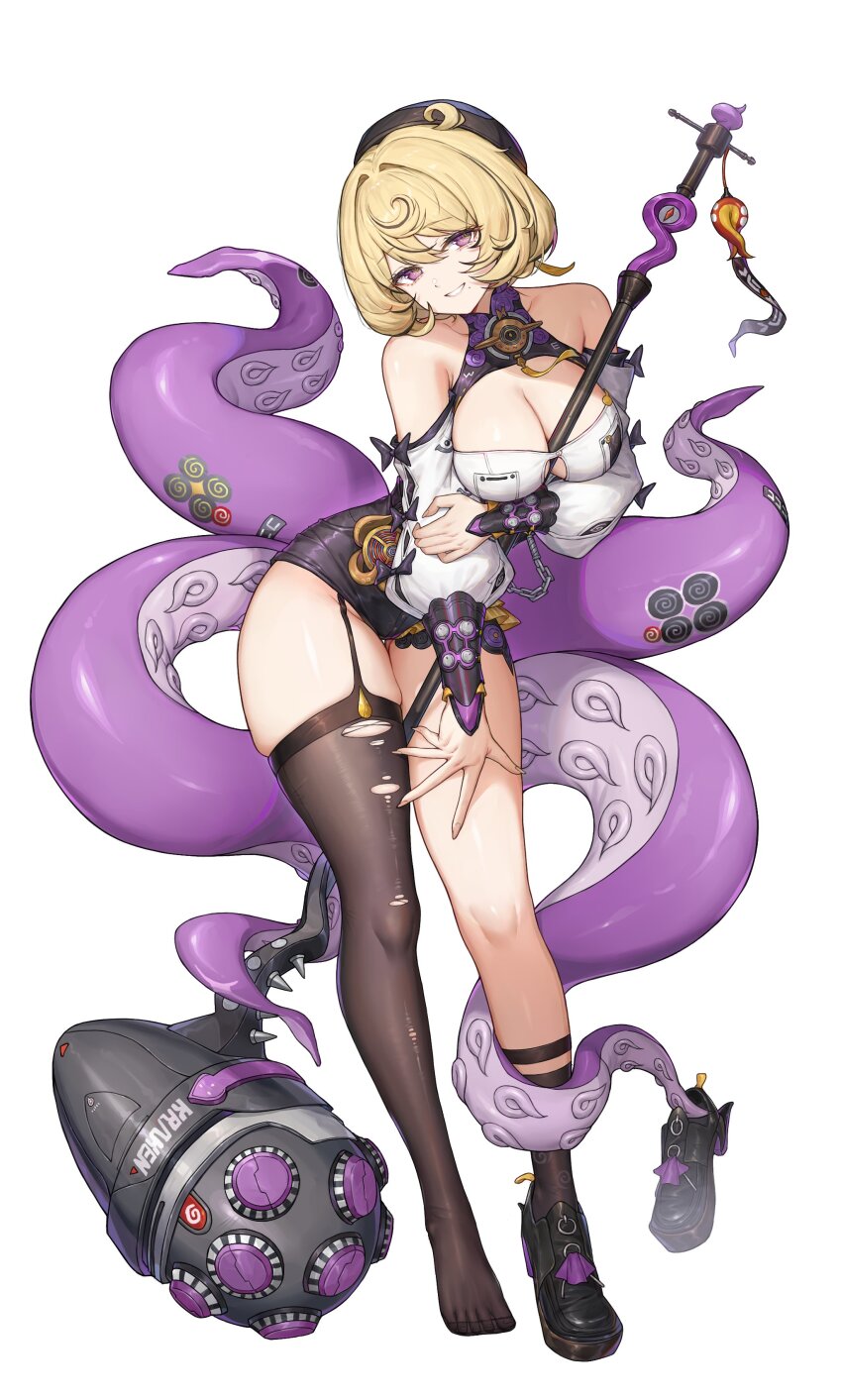 1girl absurdres asymmetrical_shorts bare_shoulders between_breasts black_hat black_thighhighs blonde_hair breasts choker cleavage commentary_request detached_sleeves full_body hammer hand_on_own_thigh hat high-waist_shorts highres key key_choker kiriko_(araragikoyomi) large_breasts looking_at_viewer mole mole_under_mouth monster_girl multicolored_hair octopus purple_eyes scylla shirt shoes short_hair shorts single_shoe single_thighhigh smile solo standing tentacle_girl tentacle_tail tentacles thighhighs thiren toes torn_clothes torn_thighhighs weapon_between_legs yidhari_murphy zenless_zone_zero