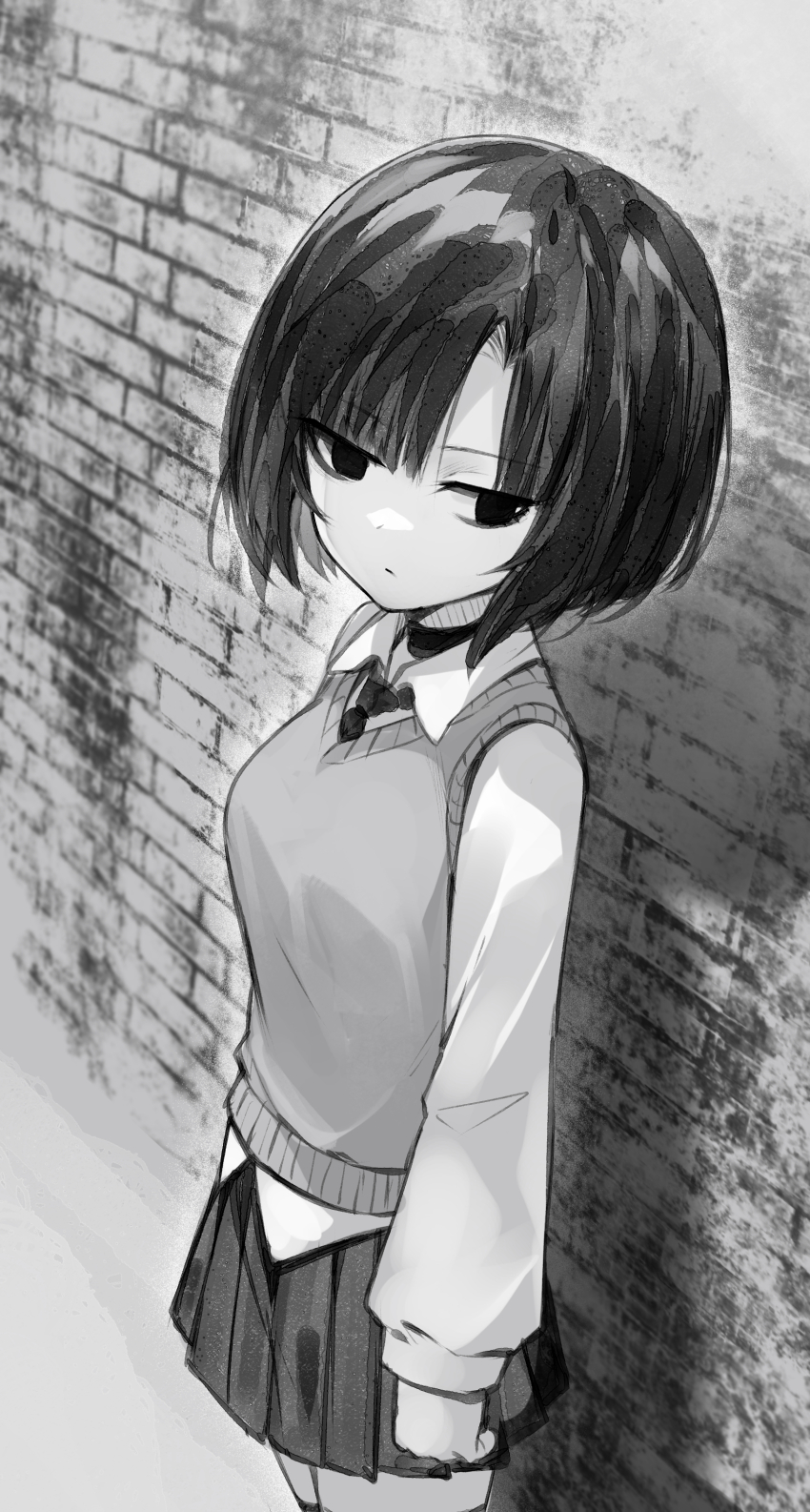 1girl absurdres blunt_bangs breasts eki_doki expressionless greyscale highres medium_breasts monochrome necktie original photoshop_(medium) school_uniform short_hair solo vest