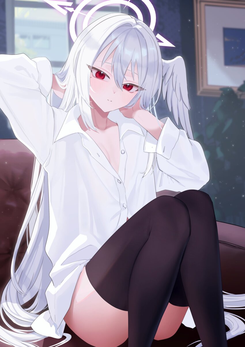1girl absurdres angel_wings black_thighhighs blue_archive hair_between_eyes halo head_wings highres pink_halo red_eyes shirt solo suzumi_(blue_archive) thighhighs thighs wakamomo1000 white_hair white_shirt white_wings wings