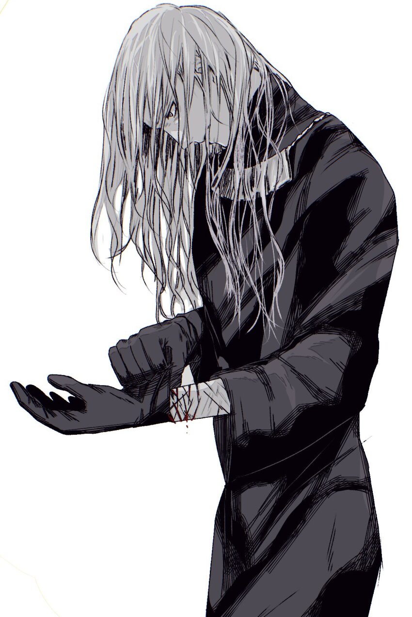 1boy adjusting_clothes adjusting_gloves black_gloves black_robe cowboy_shot enki_(fear_&amp;_hunger) fear_&amp;_hunger_(series) fear_&amp;_hunger_1 from_side gloves hashtag-only_commentary highres jewelry long_hair long_sleeves male_focus necklace robe scar scar_on_arm simple_background solo takenoko_gungun white_background