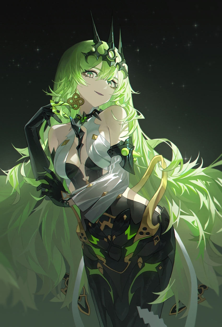 1girl backless_outfit black_bridal_gauntlets black_dress black_pantyhose breasts bridal_gauntlets claws collar crown crown_hair_ornament dress earrings green_hair grey_eyes highres honkai_(series) honkai_impact_3rd jewelry lettereast light_particles long_hair looking_at_viewer medium_breasts metal mobius_(honkai_impact) naughty_face night night_sky open_clothes pantyhose simple_background sky slit_pupils smile snake_girl solo spiked_collar spikes star_(symbol) star_symbol_background very_long_hair white_dress