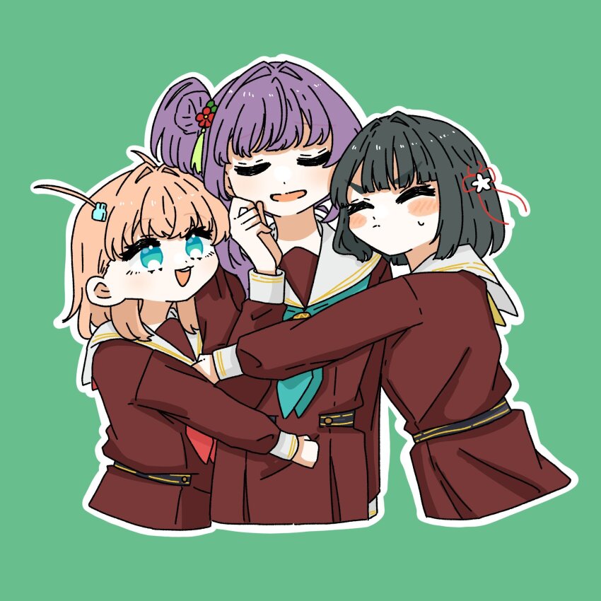 3girls :d ^_^ aqua_eyes aqua_neckerchief black_hair blunt_bangs blunt_ends bob_cut brown_dress cerise_bouquet closed_eyes closed_mouth commentary_request cropped_torso crossed_bangs dress flower flower_knot frown green_background group_hug hair_bun hair_flower hair_ornament hasu_no_sora_school_uniform highres hinoshita_kaho hug link!_like!_love_live! long_hair long_sleeves looking_at_another love_live! medium_hair momose_ginko multiple_girls neckerchief open_mouth orange_hair otomune_kozue outline puripuri_hurai purple_hair rabbit_hair_ornament red_flower red_neckerchief sailor_collar sailor_dress school_uniform short_hair side_ponytail sidelocks simple_background single_side_bun smile split_mouth tassel tassel_hair_ornament two_side_up u_u v-shaped_eyebrows virtual_youtuber white_outline white_sailor_collar winter_uniform yellow_neckerchief