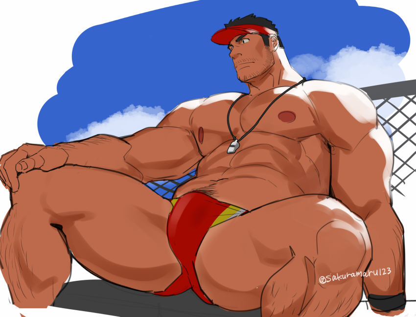 1boy abs bara beard bulge cropped_legs day facial_hair fence full_beard highres large_pectorals lifeguard looking_ahead male_focus male_swimwear mature_male muscular muscular_male mustache_stubble nipples original pectorals red_male_swimwear sakuramarusan short_hair sideburns solo sparse_arm_hair sparse_leg_hair sparse_navel_hair spread_legs strongman_waist stubble swim_briefs thick_eyebrows thick_thighs thighs topless_male unfinished whistle whistle_around_neck