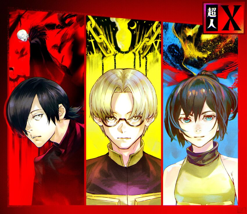1girl 2boys absurdres ammenite bare_shoulders black_eyes black_shirt blonde_hair blue_eyes chain choujin_x explosion feathers glasses higashi_azuma_(choujin_x) highres kurohara_tokio_(choujin_x) long_sleeves military_uniform multiple_boys otta_ely_(choujin_x) shirt sickle smoke turtleneck yellow_eyes
