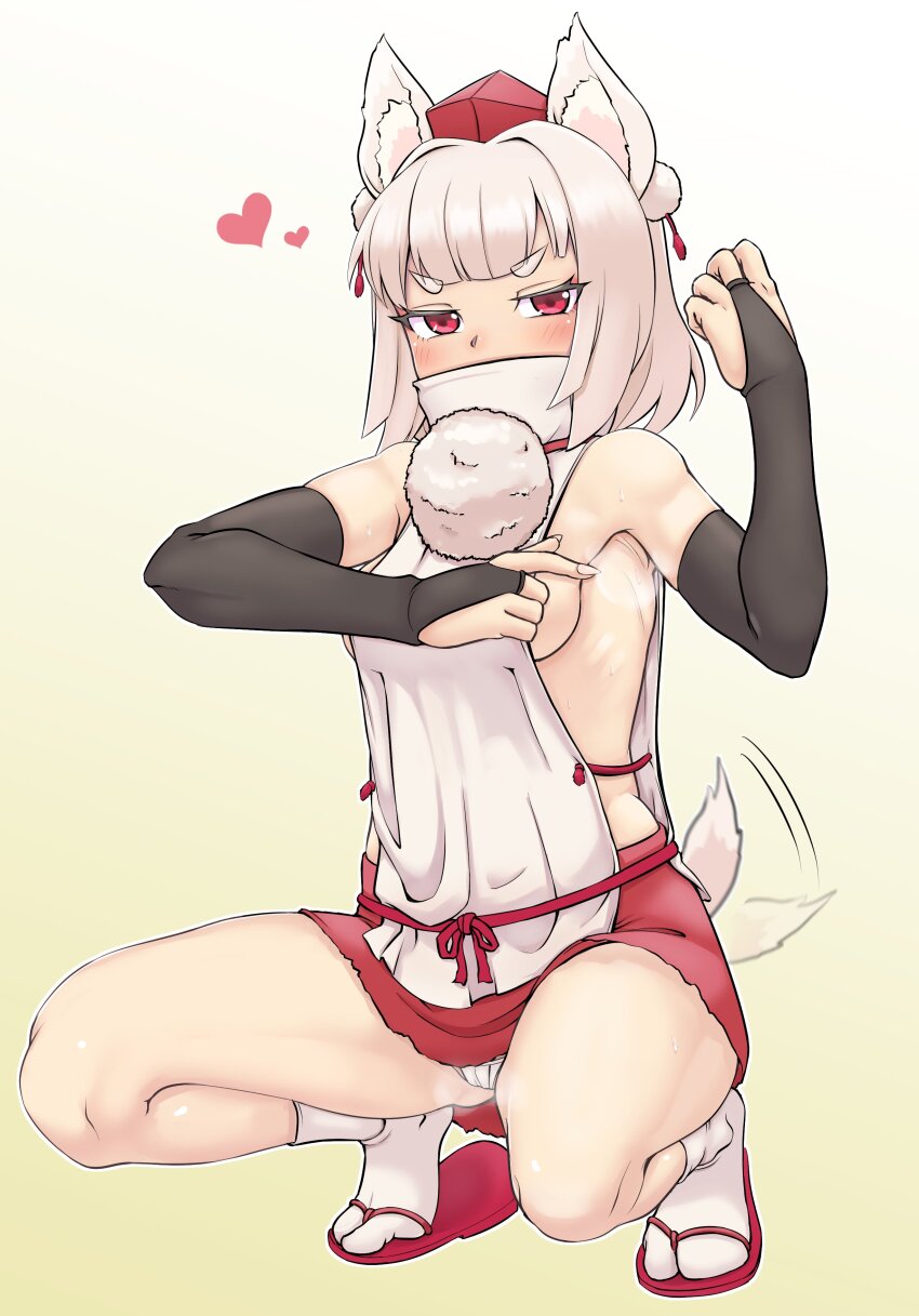 1girl absurdres animal_ear_fluff animal_ears armpit_crease armpits big_mouse black_gloves blush breasts bridal_gauntlets covered_mouth elbow_gloves full_body gloves gradient_background hat heart highres inubashiri_momiji looking_at_viewer mountain_of_faith panties pantyshot pom_pom_(clothes) presenting_armpit red_eyes red_hat red_skirt sandals shirt short_eyebrows short_hair sideboob skirt solo squatting tabi tail thick_eyebrows tokin_hat touhou turtleneck underwear white_hair white_shirt wolf_ears wolf_tail