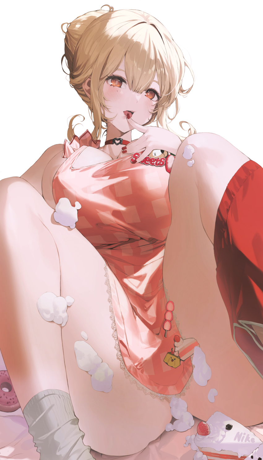1girl absurdres apron blonde_hair breasts cake commentary_request cream_on_body cream_on_leg finger_to_mouth food goddess_of_victory:_nikke highres large_breasts lying m_legs naked_apron nike_(nike1060) official_alternate_costume on_back paid_reward_available pink_apron red_eyes short_hair shorts shorts_around_one_leg simple_background solo strawberry_shortcake thighs tia_(nikke) tia_(sweet_chef)_(nikke) white_background