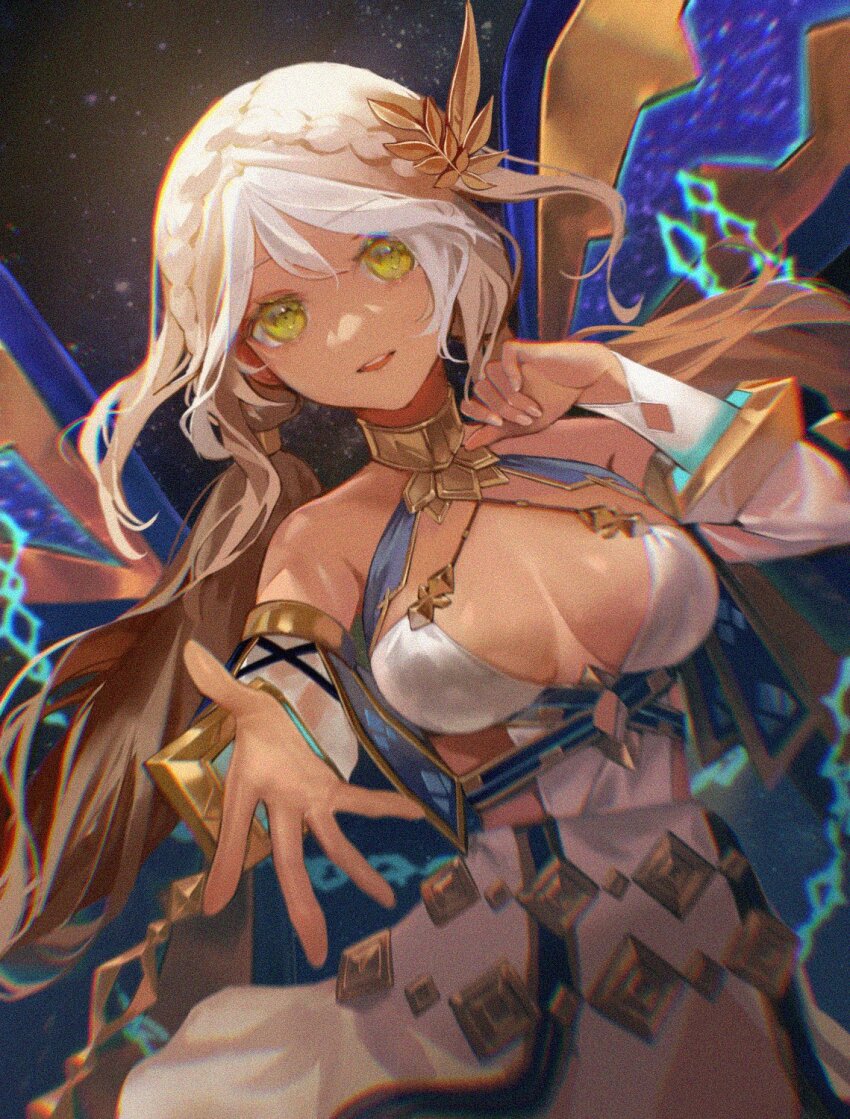 1girl andromeda_(fate) andromeda_(first_ascension)_(fate) blonde_hair braid breasts choker covered_erect_nipples covered_navel daeraeband dark-skinned_female dark_skin detached_sleeves fate/grand_order fate_(series) gold_choker green_eyes hair_between_eyes hair_ornament highres jewelry large_breasts long_hair parted_lips smile solo space white_hair white_sleeves wings
