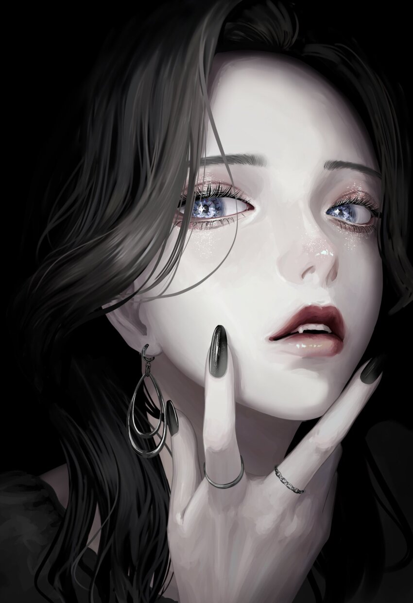 1girl 2025 aoi_machi black_hair black_nails blue_eyes earrings fangs highres jewelry long_hair looking_to_the_side makeup monster_girl open_mouth original solo vampire