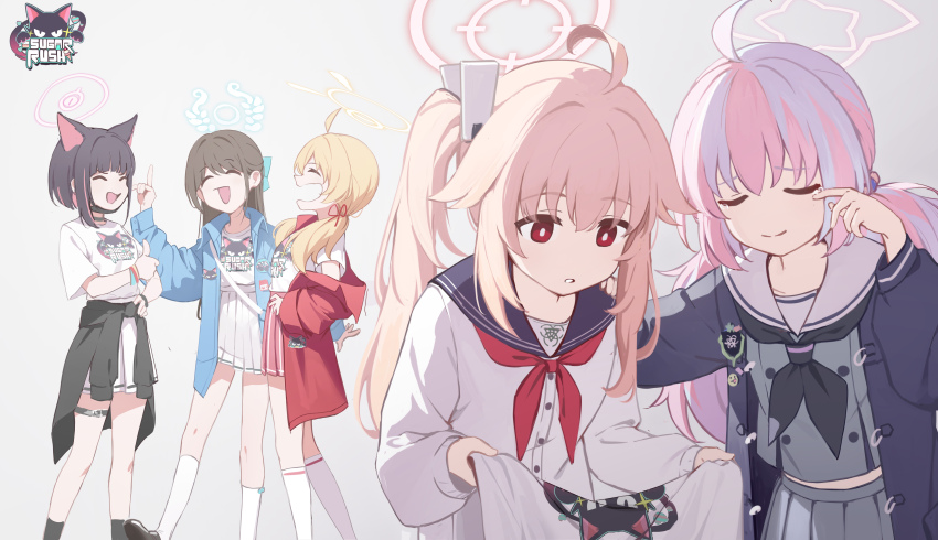 5girls absurdres after-school_sweets_club_(blue_archive) ahoge airi_(band)_(blue_archive) airi_(blue_archive) black_hair blonde_hair blue_archive blue_sailor_collar brown_hair cardigan closed_eyes green_halo grey_background grey_serafuku halo highres jacket kazusa_(band)_(blue_archive) kazusa_(blue_archive) long_hair long_sleeves multicolored_hair multiple_girls natsu_(blue_archive) neckerchief pink_hair pink_halo red_eyes red_neckerchief reisa_(blue_archive) sailor_collar school_uniform serafuku side_ponytail soeyumi star_halo tears thumbs_up twintails two-tone_hair white_cardigan white_sailor_collar yellow_halo yoshimi_(band)_(blue_archive) yoshimi_(blue_archive)