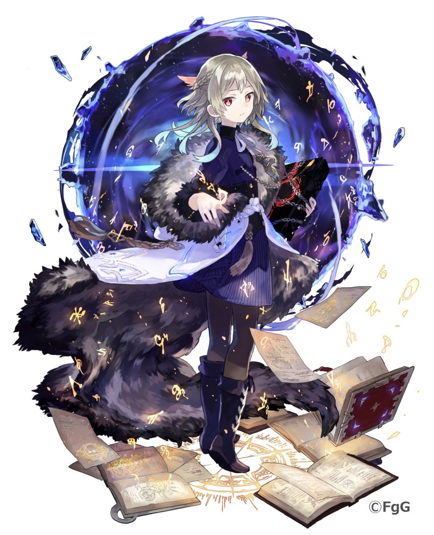 1girl book boots braid chain closed_mouth commentary_request full_body glowing grey_hair highres holding holding_book jacket lofia_(ta_ga_tame_no_alchemist) looking_at_viewer official_alternate_costume official_art open_book red_eyes second-party_source solo standing sweater ta_ga_tame_no_alchemist turtleneck turtleneck_sweater watarubou white_background white_jacket