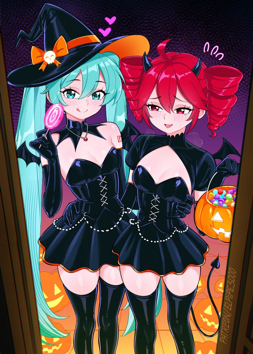 2girls absurdres black_dress black_gloves blue_eyes blue_hair breasts clothing_cutout demon_girl demon_horns demon_tail doorway dress elbow_gloves elpipe_3000 gloves halloween_costume hat hatsune_miku highres horns kasane_teto long_hair medium_breasts multiple_girls night open_mouth red_eyes red_hair small_breasts smile tail tongue tongue_out utau very_long_hair vocaloid witch witch_hat