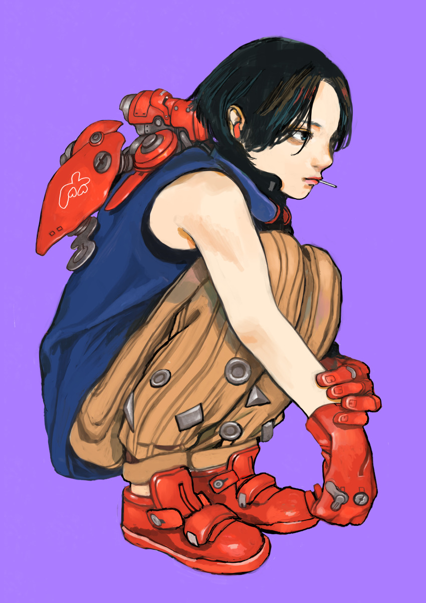 1girl absurdres black_eyes black_hair blue_eyes blue_shirt brown_pants full_body gloves highres junjunforever mouth_hold original pants parted_bangs purple_background red_gloves red_shoes shirt shoes short_hair simple_background sleeveless sleeveless_shirt solo squatting