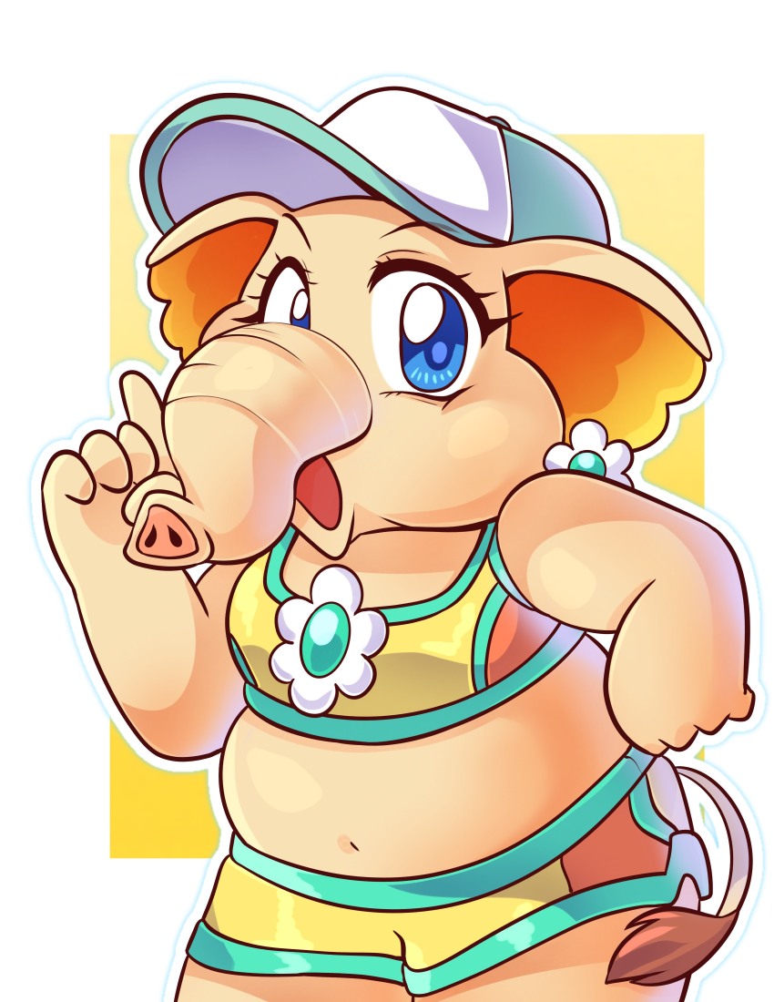 1girl absurdres animal_ears blue_eyes carolinerdraws earrings elephant_daisy elephant_ears elephant_girl elephant_tail flower_earrings furry furry_female hand_on_own_hip hat highres jewelry looking_at_viewer mario_(series) mario_kart mario_kart_world navel nintendo official_alternate_costume open_mouth princess_daisy princess_daisy_(swimwear)_(mario_kart_world) shorts solo sports_bra super_mario_bros._wonder teeth upper_teeth_only white_hat yellow_shorts yellow_sports_bra
