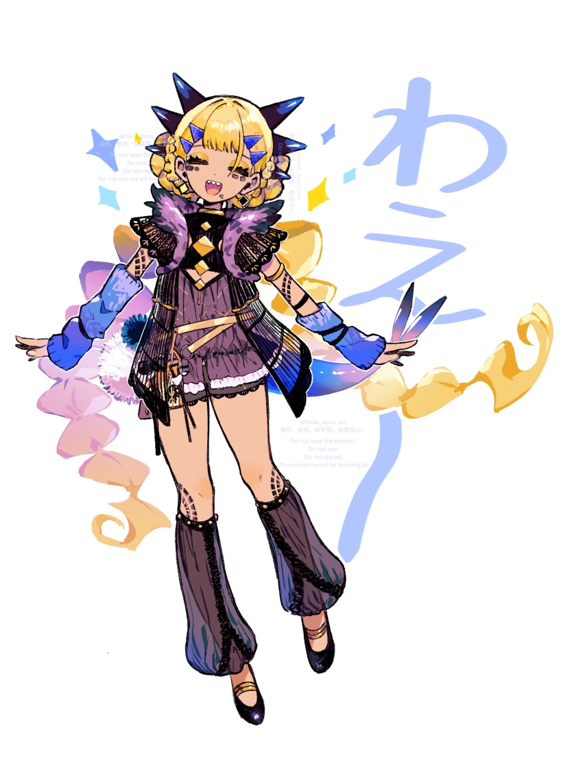 1girl absurdres aged_down armlet belt black_shirt black_shorts blonde_hair body_markings braid braided_twintails closed_eyes clothing_cutout commentary_request dark-skinned_female dark_skin detached_sleeves dragon_girl dragon_horns dragon_tail earrings facial_mark fate/grand_order fate_(series) full_body hair_ornament hairclip highres horns jewelry lace-trimmed_shorts lace_trim leg_warmers long_hair open_mouth shirt shorts smile solo sugomori_tsuru_(hana_tsuru_wo) tail vritra_(fate)
