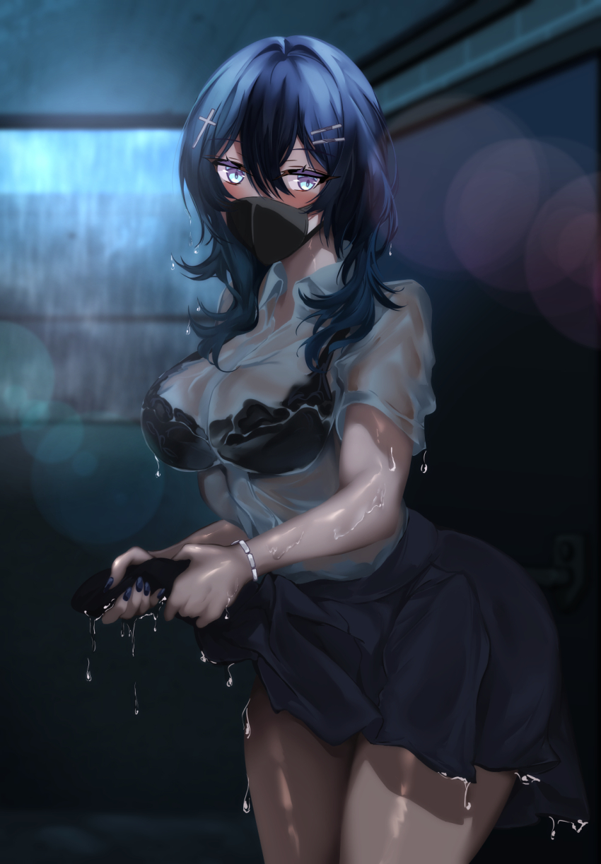 1girl aqua_eyes blue_eyes blue_hair blush bra breasts embarrassed female_focus hair_between_eyes highres indoors large_breasts legs long_hair looking_at_viewer mouth_mask nail_polish original rain see-through_clothes shoushin_gal_wo_netotte_haramasetai!! skirt solo standing surgical_mask thighs tonosama_penguin underwear wet wet_clothes wringing_clothes