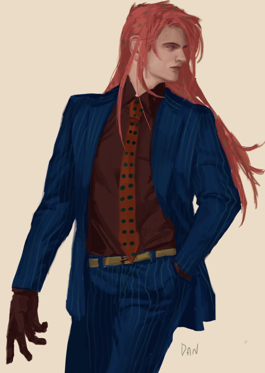 1boy artist_name commentary danart14020 diavolo formal_clothes gloves hand_in_pocket highres holding jojo_no_kimyou_na_bouken long_hair looking_to_the_side male_focus necktie pants pink_hair pink_lips pinstripe_pattern pinstripe_suit polka_dot_hair polka_dot_necktie realistic solo striped suit symbol-only_commentary toned toned_male vento_aureo