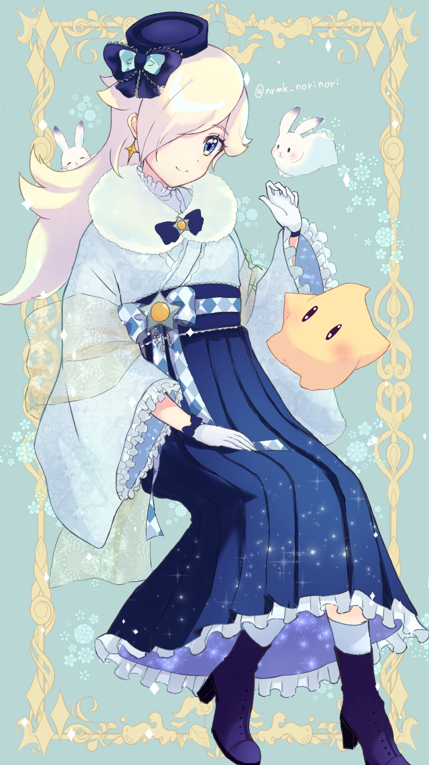 1girl absurdres alternate_costume animal aqua_background argyle_bow artist_name black_eyes blonde_hair blue_bow blue_bowtie blue_eyes blue_kimono blue_skirt blue_socks blush boots border bow bowtie brooch closed_mouth commentary_request earrings flat_chest floral_print frilled_kimono frilled_skirt frilled_sleeves frills full_body fur_collar gem gloves hagoromo hair_flaps hair_over_one_eye hakama hakama_skirt hand_on_lap hand_up happy hat hat_bow head_tilt high_heels highres invisible_chair japanese_clothes jewelry kimono light_blush long_hair long_skirt looking_at_viewer luma_(mario) mario_(series) nintendo norimaki_(nrmk_norinori) obi one_eye_covered orange_gemstone ornate_border outside_border pleated_skirt rabbit rosalina sash see-through_clothes shawl sidelocks signature sitting skirt smile socks solo_focus sparkle split_mouth star_(symbol) star_earrings tilted_headwear twitter_username white_gloves wide_sleeves yellow_shawl