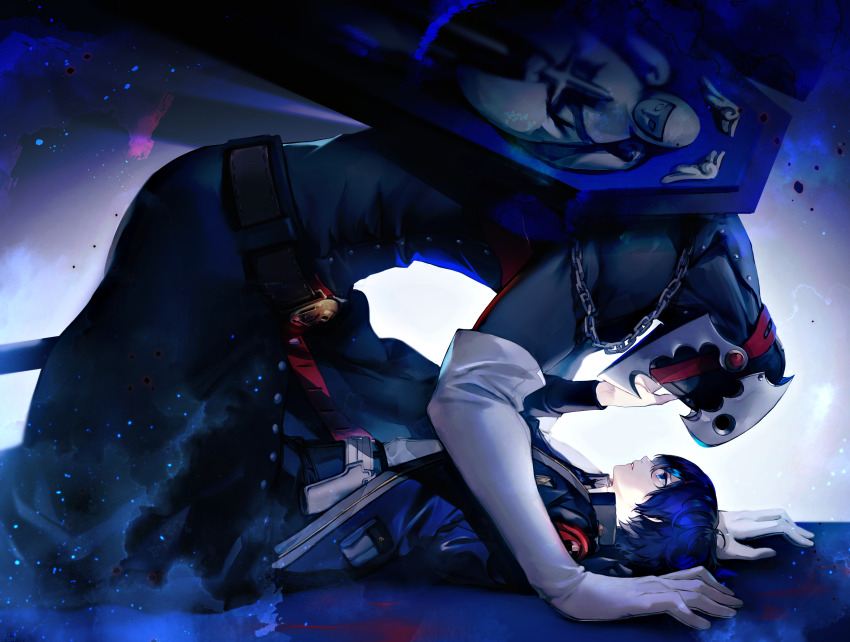 2boys blue_eyes blue_hair boy_on_top gloves hand_size_difference highres interspecies lor_(roasyerizyonirapi) male_focus multiple_boys persona persona_3 size_difference thanatos_(persona) white_gloves yaoi yukadon yuuki_makoto_(persona_3)