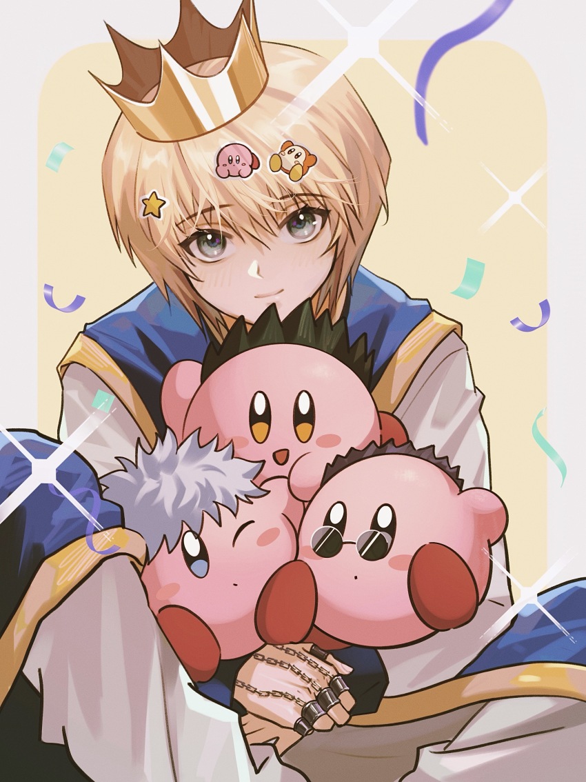 1boy absurdres black_hair blonde_hair blue_tabard blush_stickers brown_eyes chinese_commentary closed_mouth colored_skin commentary_request confetti crown dot_mouth gold_trim gon_freecss grey_eyes hand_chains highres holding hunter_x_hunter killua_zoldyck kirby kirby_(series) kurapika leorio_paladiknight long_sleeves looking_at_viewer male_focus nintendo one_eye_closed pants pink_skin ppttppff short_hair sitting smile spiked_hair star_(symbol) sticker streamers sunglasses tabard waddle_dee white_hair white_pants
