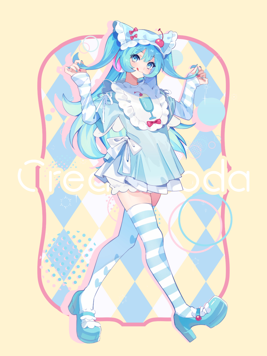 1girl absurdres alternate_hairstyle aqua_dress aqua_hair aqua_shoes asymmetrical_legwear bow cherry commentary cute_x_subculture_hatsune_miku_design_contest dress fashion food food_print fruit hat hatsune_miku highres holding holding_own_hair ice_cream ice_cream_float long_hair looking_at_viewer mary_janes mismatched_legwear sapphire_ethu shoes solo thighhighs tongue tongue_out two_side_up vocaloid walking white_bow zettai_ryouiki