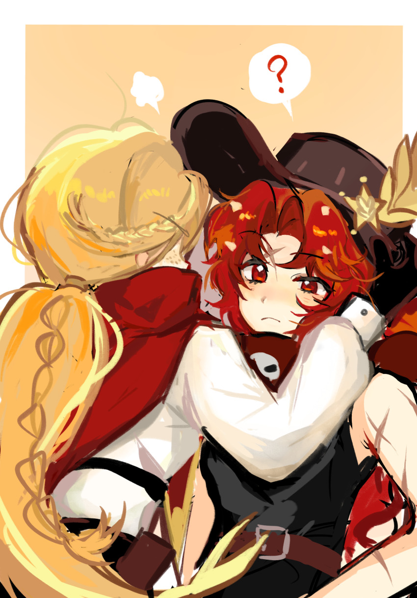 2girls ? asimi0415 belt blonde_hair border braid chili_pepper_cookie chinese_commentary commentary_request confused cookie_run cookie_run:_kingdom freckles hat highres humanization long_hair long_sleeves multiple_girls orange_background ponytail red_eyes red_hair rye_cookie simple_background speech_bubble spoken_question_mark very_long_hair white_border