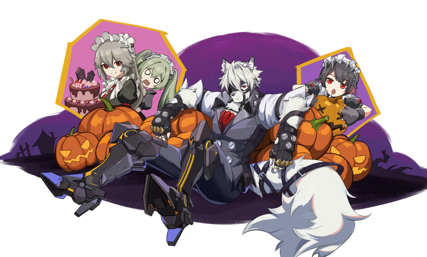 1boy 3girls absurdres alexandrina_sebastiane animal_ears birthday_cake black_hair black_vest cake colored_inner_hair corin_wickes ellen_joe food furry furry_male grey_hair grey_vest hair_between_eyes hairband halloween highres holding holding_cake holding_food jack-o&#039;-lantern long_hair maid maid_headdress metal_hairband multicolored_hair multiple_girls prosthesis prosthetic_leg red_eyes sitting spiked_headband tail tail_belt tianziyihao_xiaohuangya twintails vest von_lycaon white_fur wolf_boy wolf_ears wolf_tail zenless_zone_zero