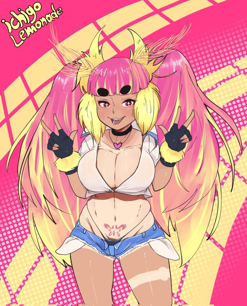 +_+ 1girl black_choker black_gloves black_panties blonde_hair blue_shorts blunt_bangs blush breasts character_name choker cleavage commentary cowboy_shot crop_top double_w english_commentary fingerless_gloves gloves heart heart_necklace highleg highleg_panties highres ichigo_lemonade indie_virtual_youtuber jewelry large_breasts long_hair looking_at_viewer micro_shorts midriff moth_antennae multicolored_hair navel necklace open_mouth orange_background panties pink_background pink_hair pocket pubic_tattoo red_eyes shirt shorts smile solo tan tanline tattoo thick_eyebrows twintails two-tone_background two-tone_hair underwear very_long_hair virtual_youtuber w weeze white_shirt