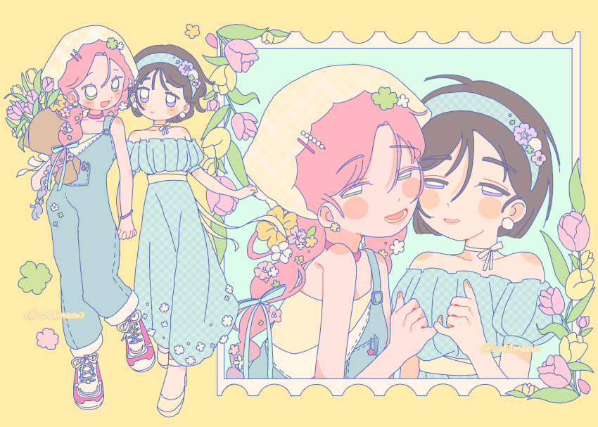 2girls alien_stage alternate_costume bandana black_hair blue_dress blue_hairband blue_overalls blush bouquet bow bow_choker braid cheek-to-cheek chinese_commentary choker clover_hair_ornament coldmeow commentary dress flower gingham_dress gingham_hairband hair_ornament hair_ribbon hairband heads_together highres holding holding_bouquet holding_hands long_dress long_hair mizi_(alien_stage) multicolored_hair multiple_girls off-shoulder_dress off_shoulder open_mouth overalls pink_choker pink_flower pink_hair pink_tulip ribbon shoes short_hair smile sneakers sua_(alien_stage) tulip twin_braids two-tone_hair white_choker yellow_background yellow_bandana